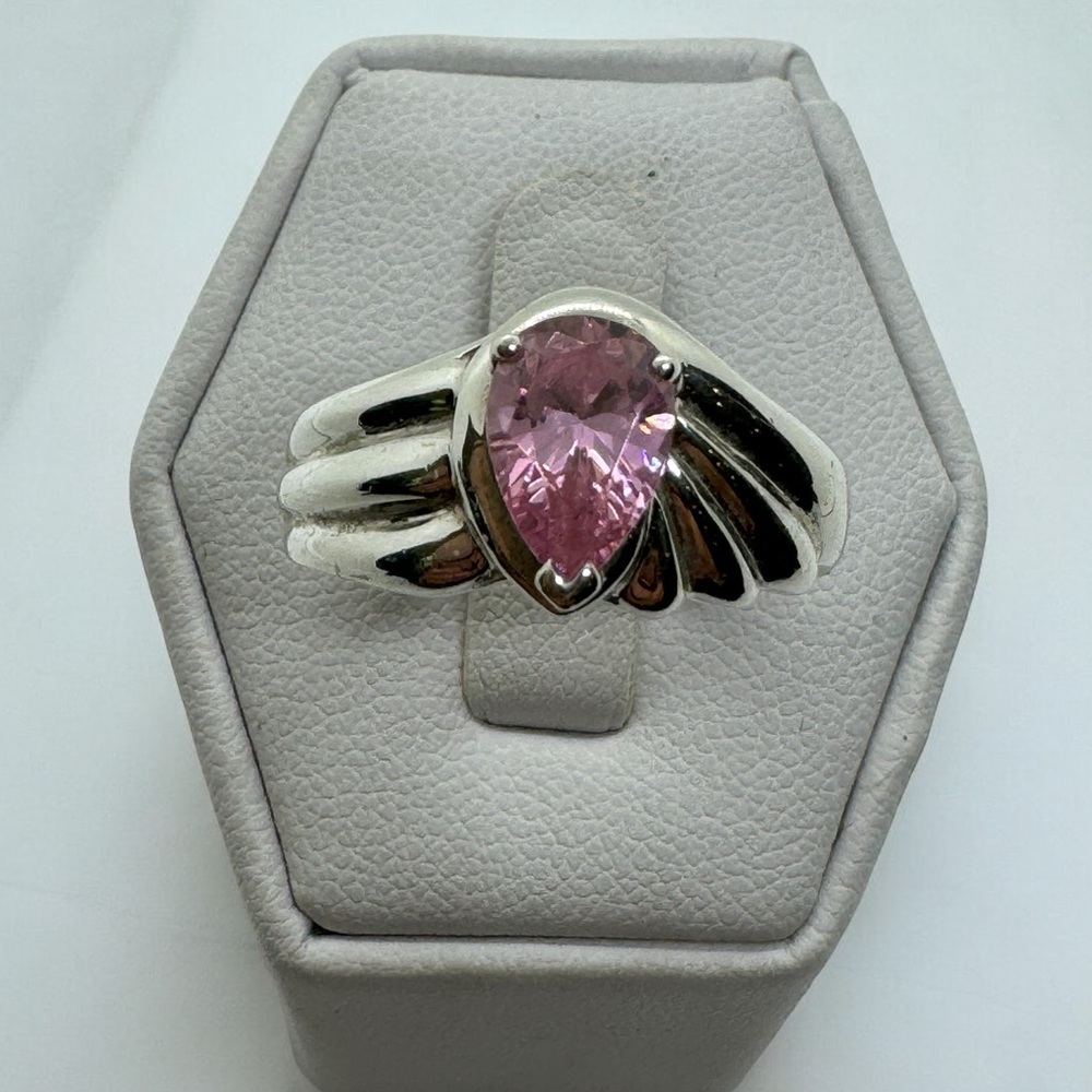 Diamonique Pink Teardrop Ring in Polished Silver Size 8
